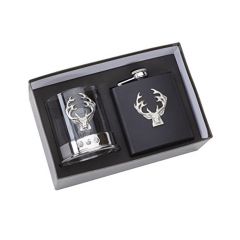 Farm Cottage Pewterware Stags Head Glass and Hip Flask Set 